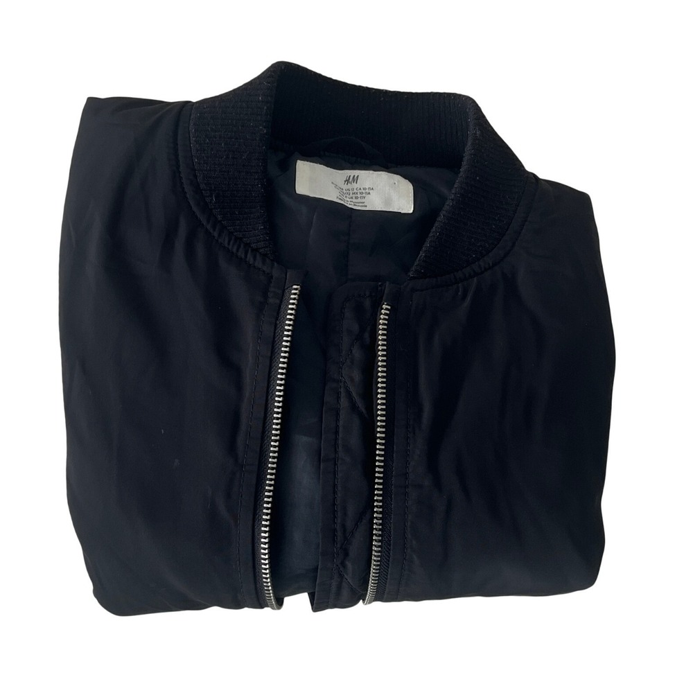 H M Black Bomber Jacket Full Zip Ring Detail Ribbed Cuffs Sz 10 11 - Picture 2 of 12
